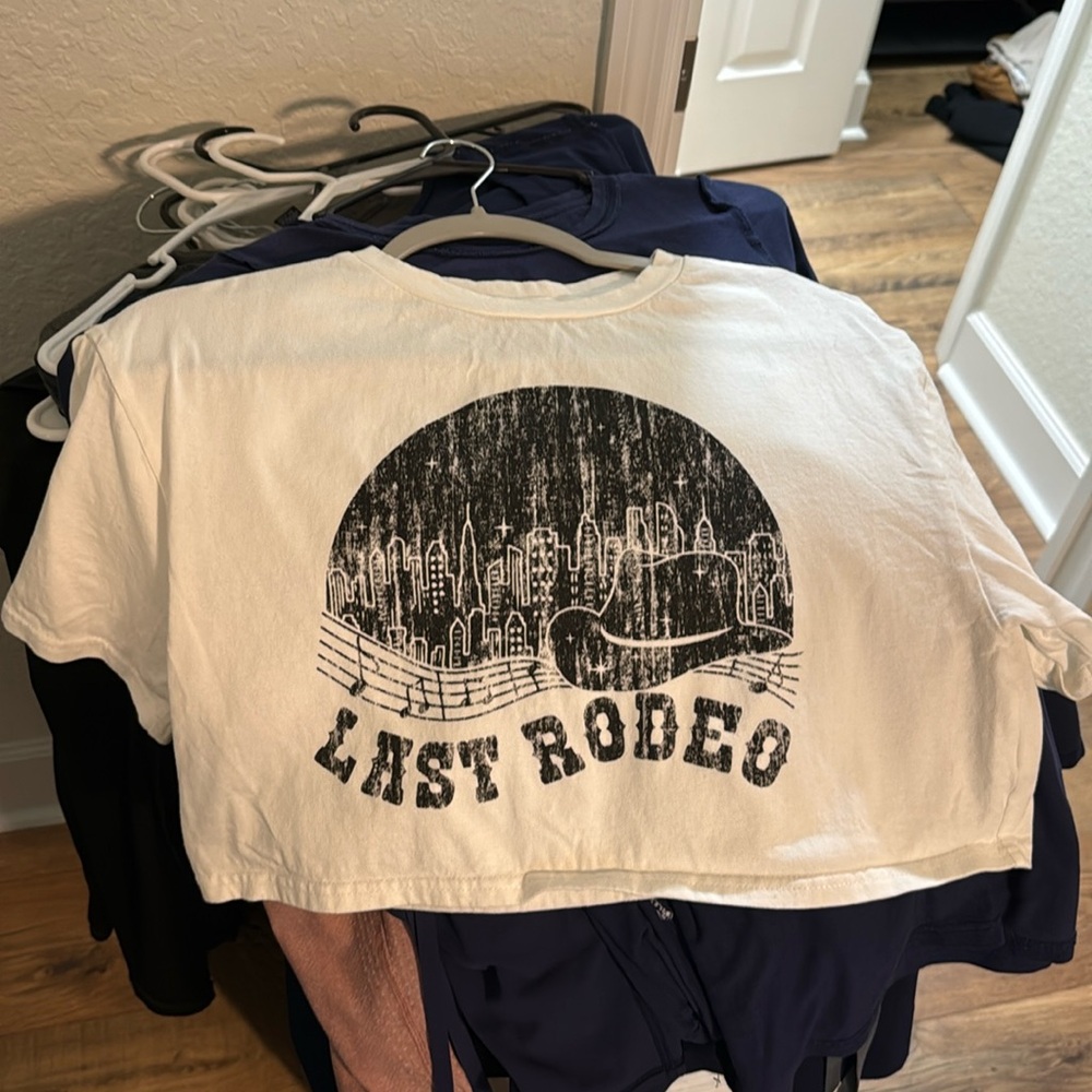 Crop top. White. “Last Rodeo”. Worn once for bachelorette party